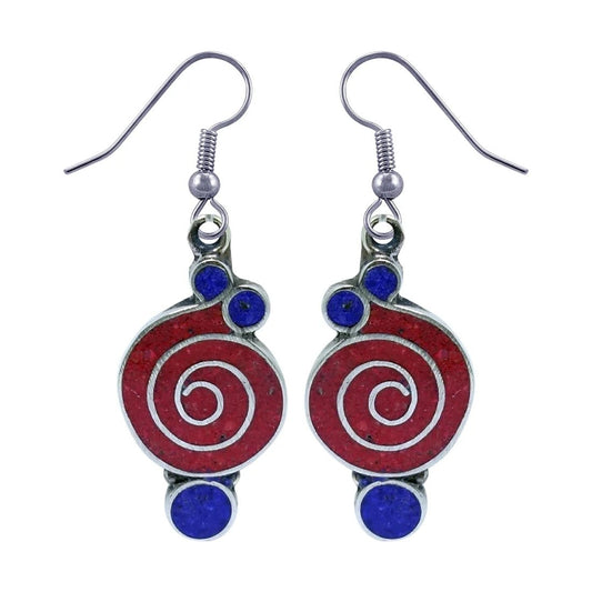 Gorgeous Handmade Compressed Red Coral & Lapis Lazuli Gemstone Inlay Drop Dangle Earring for Women & Teens 925 Silver Plated Ethnic Gypsy Boho Fashion Designer Party Earring Jewelry - WORLD TIME VISITS