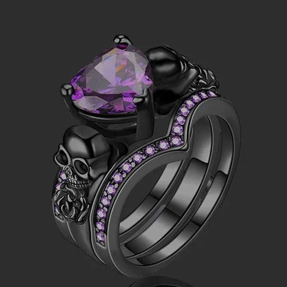 Gothic Black Rose Flower Skull Engagement Rings Set Red Purple Heart-shaped Zircon Crystal Wedding Anniversary Holiday Gift