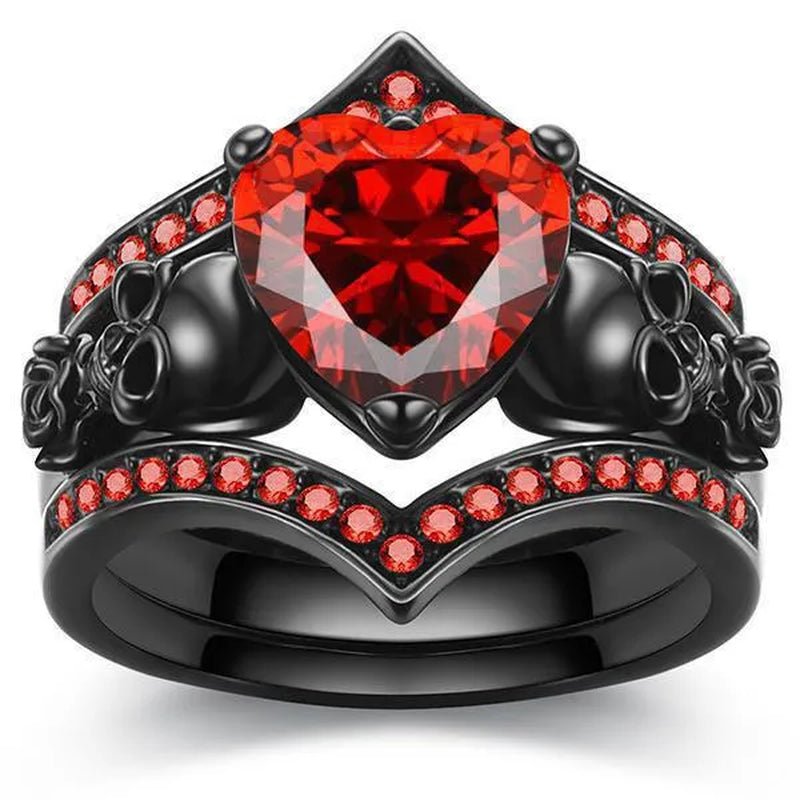 Gothic Black Rose Flower Skull Engagement Rings Set Red Purple Heart-shaped Zircon Crystal Wedding Anniversary Holiday Gift