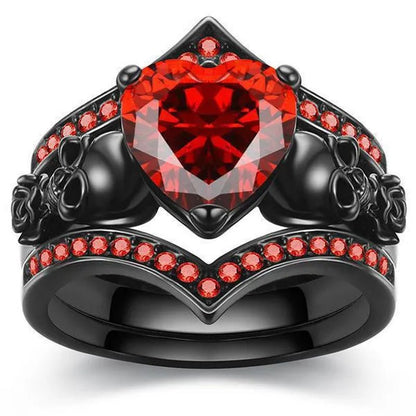 Gothic Black Rose Flower Skull Engagement Rings Set Red Purple Heart-shaped Zircon Crystal Wedding Anniversary Holiday Gift