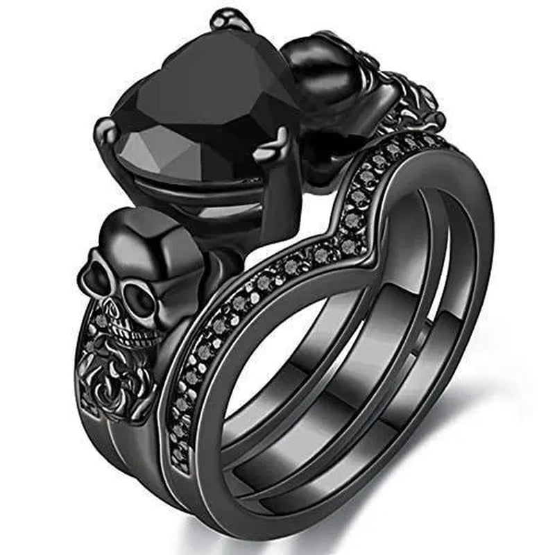 Gothic Black Rose Flower Skull Engagement Rings Set Red Purple Heart - shaped Zircon Crystal Wedding Anniversary Holiday Gift - WORLD TIME VISITS