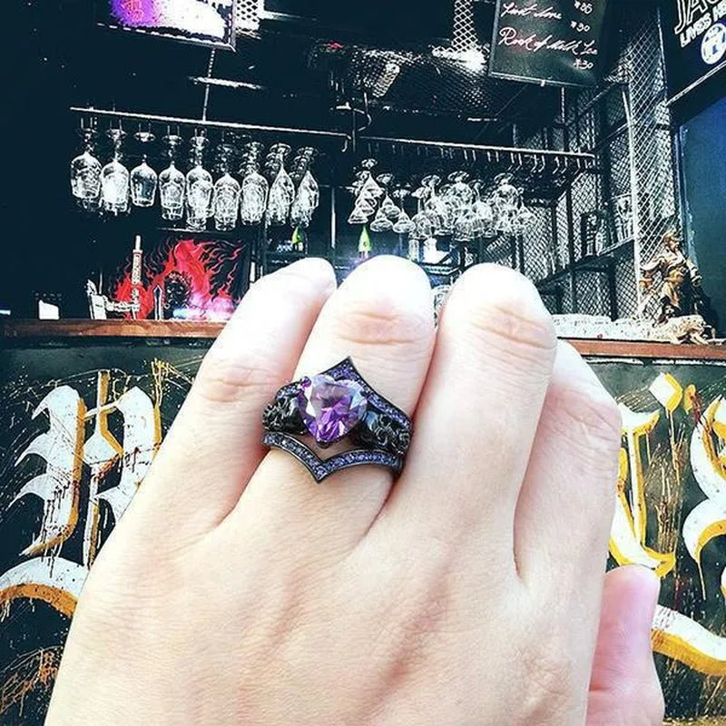 Gothic Black Rose Flower Skull Engagement Rings Set Red Purple Heart - shaped Zircon Crystal Wedding Anniversary Holiday Gift - WORLD TIME VISITS