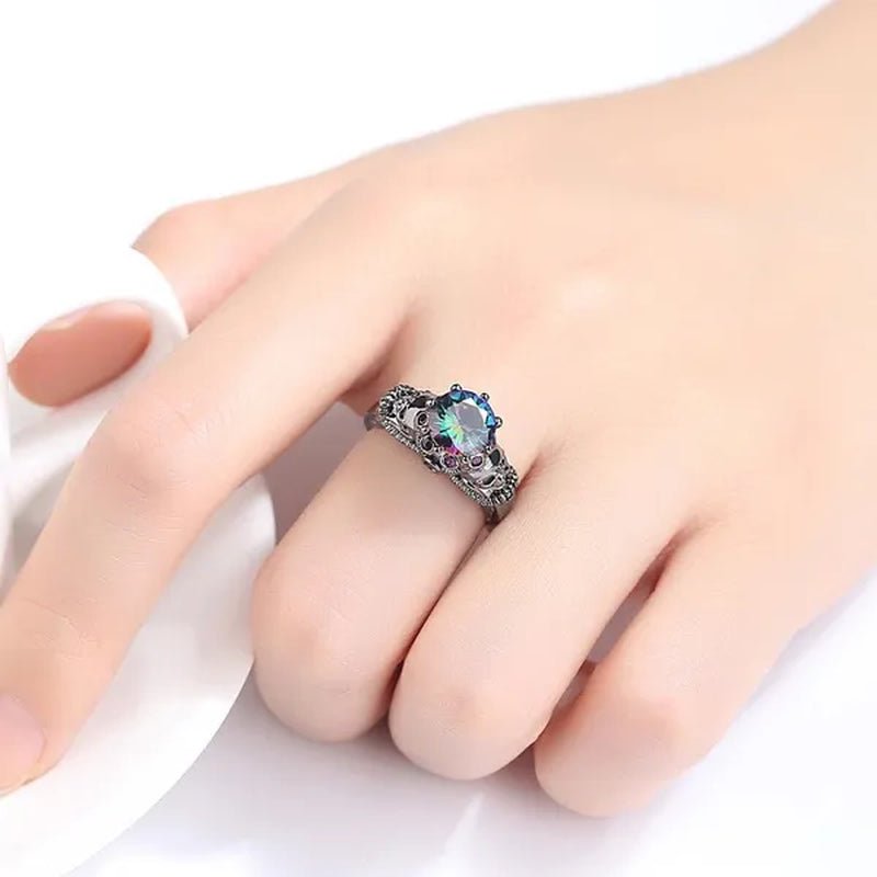 Gothic Style Sterling Silver Skull Ring Black Sapphire/Rainbow Crystal Diamond Punk Jewelry Proposal Birthday Gift Bridal Engagement Band Rings for Men Women Bride Size 6-9
