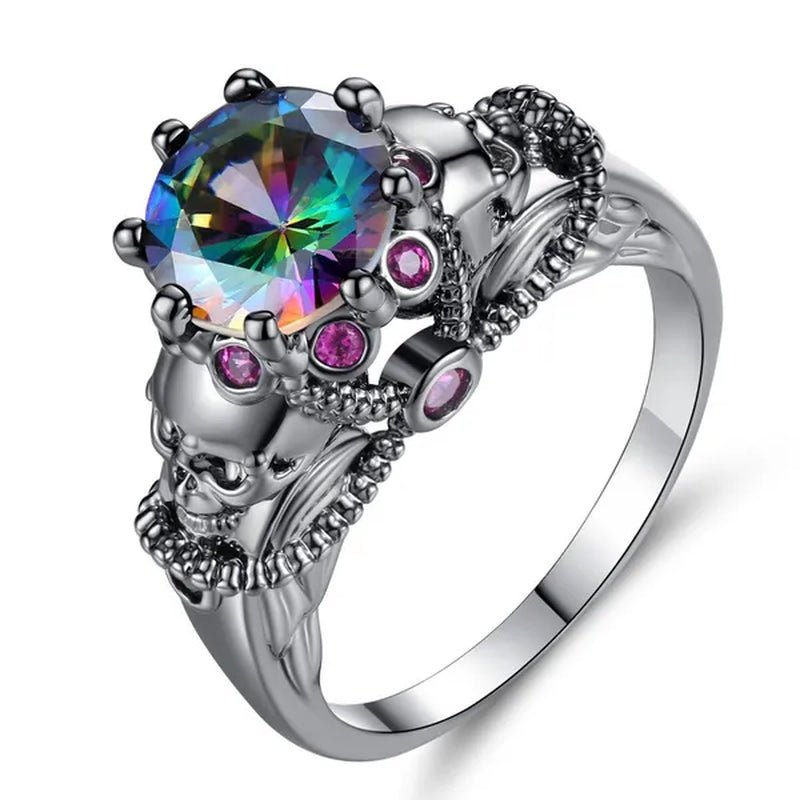 Gothic Style Sterling Silver Skull Ring Black Sapphire/Rainbow Crystal Diamond Punk Jewelry Proposal Birthday Gift Bridal Engagement Band Rings for Men Women Bride Size 6 - 9 - WORLD TIME VISITS