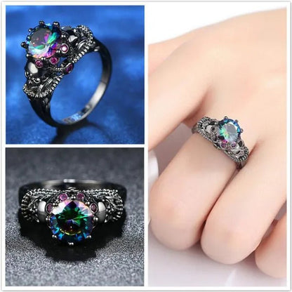 Gothic Style Sterling Silver Skull Ring Black Sapphire/Rainbow Crystal Diamond Punk Jewelry Proposal Birthday Gift Bridal Engagement Band Rings for Men Women Bride Size 6 - 9 - WORLD TIME VISITS