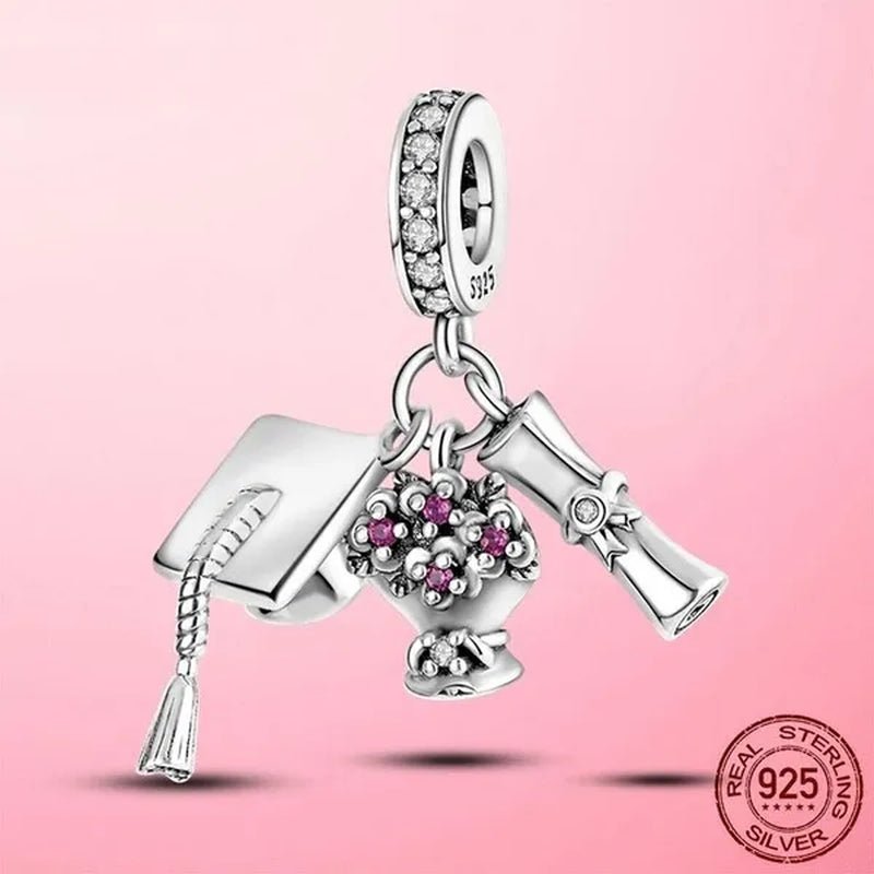Graduation Flower Diploma Charm 925 Silver Pendant Beads fit Bracelet Necklace Original DIY Women jewelry Gift - WORLD TIME VISITS