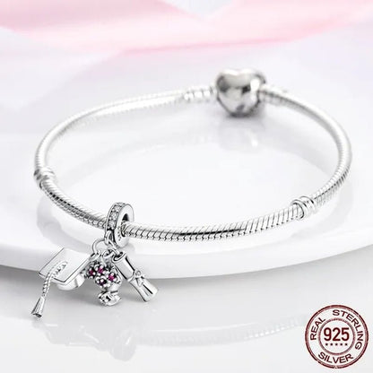 Graduation Flower Diploma Charm 925 Silver Pendant Beads fit  Bracelet Necklace Original DIY Women jewelry Gift