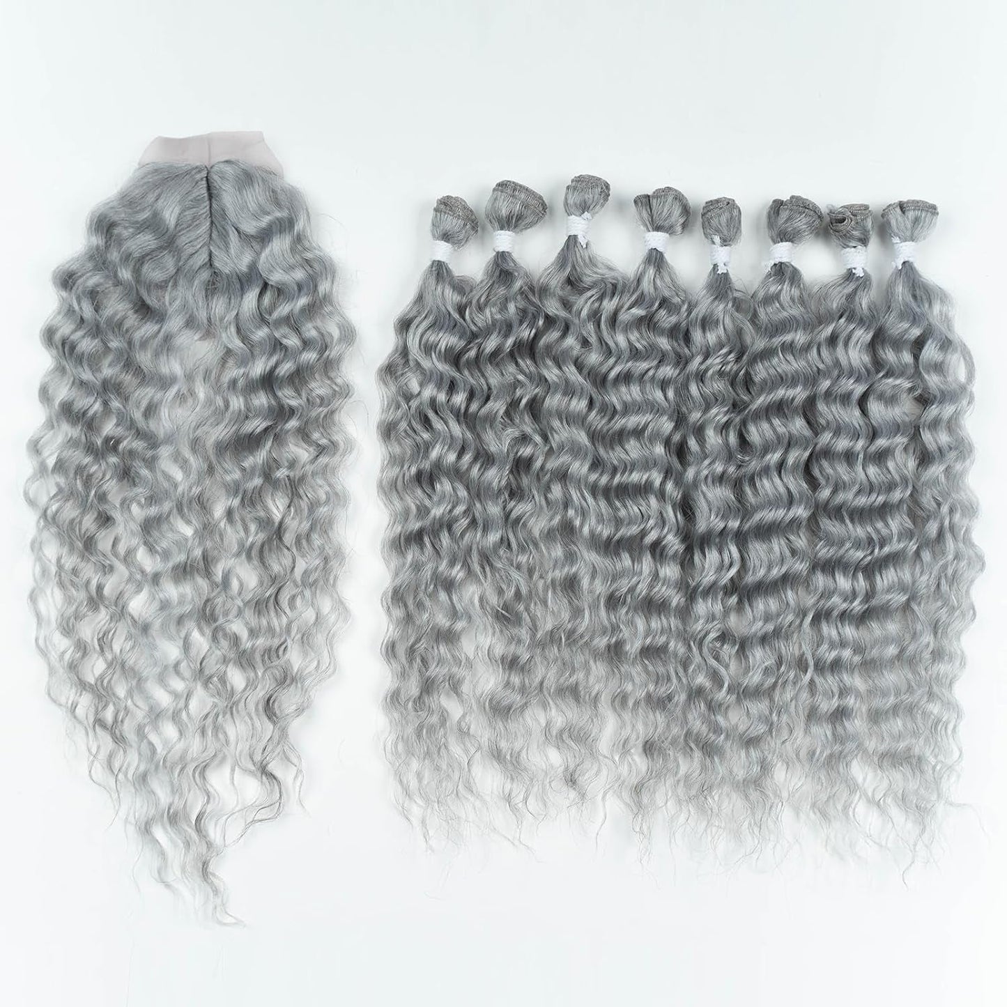 Gray Synthetic Hair 8 Bundles with Simple Closure Water Wave High Temperature Fiber Wavy Hair Weave 9PCS 20 Inches Grey Color 240G - WORLD TIME VISITS