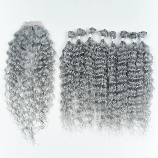 Gray Synthetic Hair 8 Bundles with Simple Closure Water Wave High Temperature Fiber Wavy Hair Weave 9PCS 20 Inches Grey Color 240G - WORLD TIME VISITS