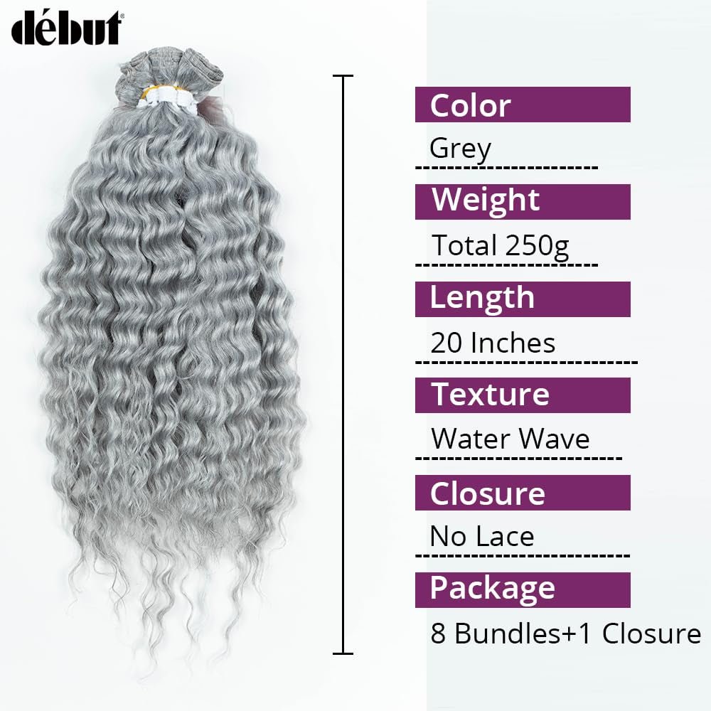 Gray Synthetic Hair 8 Bundles with Simple Closure Water Wave High Temperature Fiber Wavy Hair Weave 9PCS 20 Inches Grey Color 240G - WORLD TIME VISITS