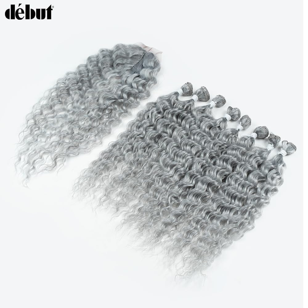 Gray Synthetic Hair 8 Bundles with Simple Closure Water Wave High Temperature Fiber Wavy Hair Weave 9PCS 20 Inches Grey Color 240G