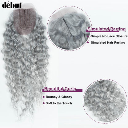 Gray Synthetic Hair 8 Bundles with Simple Closure Water Wave High Temperature Fiber Wavy Hair Weave 9PCS 20 Inches Grey Color 240G