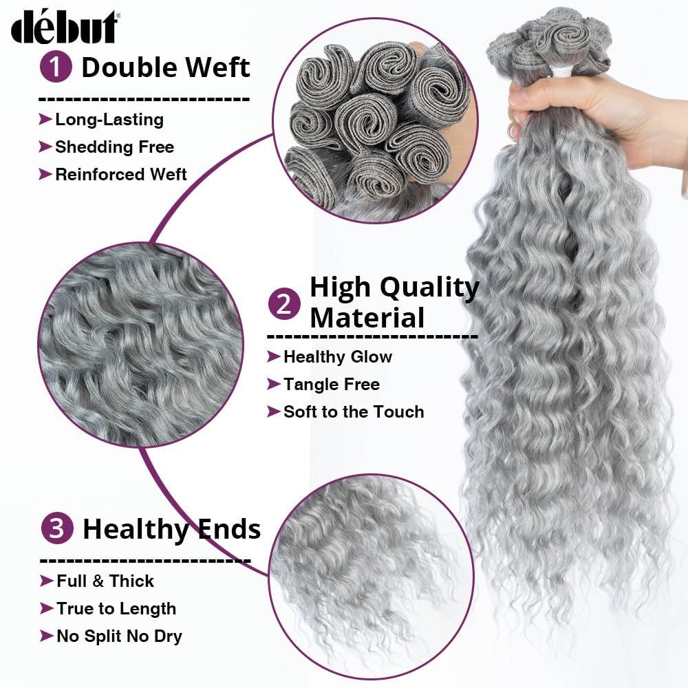 Gray Synthetic Hair 8 Bundles with Simple Closure Water Wave High Temperature Fiber Wavy Hair Weave 9PCS 20 Inches Grey Color 240G