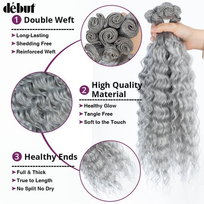 Gray Synthetic Hair 8 Bundles with Simple Closure Water Wave High Temperature Fiber Wavy Hair Weave 9PCS 20 Inches Grey Color 240G