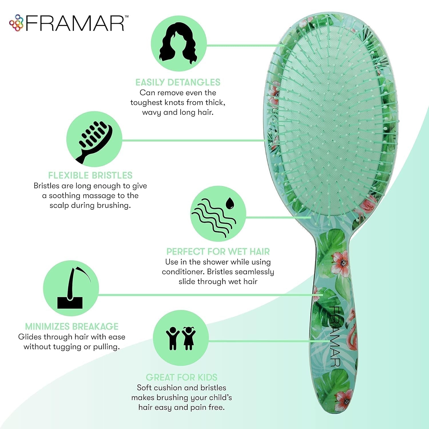 Green Hair Brush Detangler, Detangling Hairbrush for Women, Wet Hair Brush for Girls, Hair Detangler Brush, Wet Hairbrush, Hairbrushes, Girls Hairbrush Detangler, Reduces Frizz - Floral - WORLD TIME VISITS