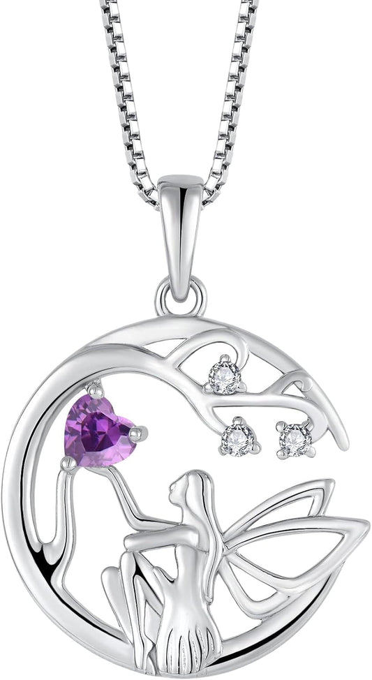 Guardian Angel Necklace for Women 925 Sterling Silver Tree of Life Necklace Birthstone Created Gemstone Pendant Jewelry Gifts for Women - WORLD TIME VISITS