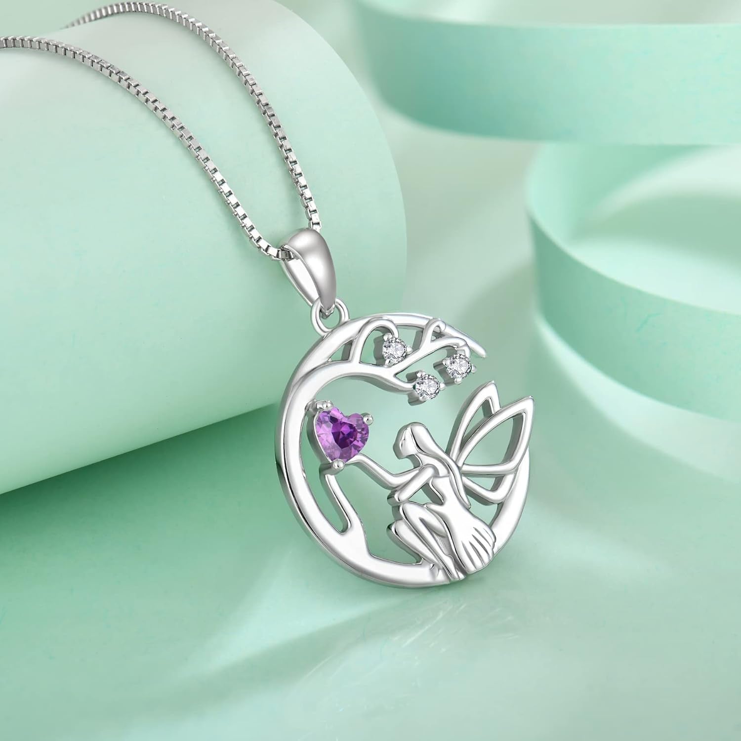 Guardian Angel Necklace for Women 925 Sterling Silver Tree of Life Necklace Birthstone Created Gemstone Pendant Jewelry Gifts for Women - WORLD TIME VISITS