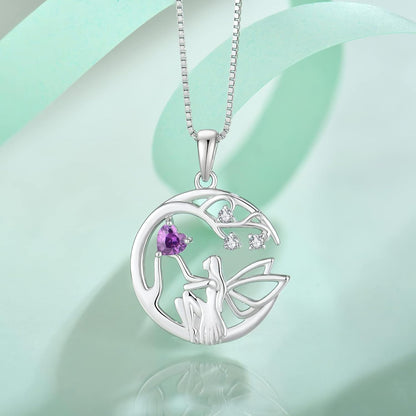 Guardian Angel Necklace for Women 925 Sterling Silver Tree of Life Necklace Birthstone Created Gemstone Pendant Jewelry Gifts for Women