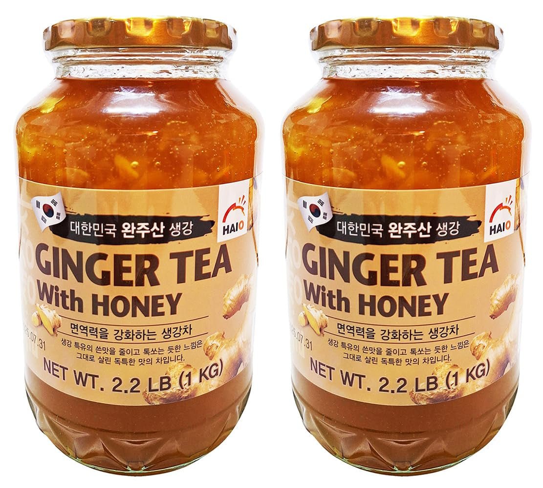 Haio Ginger Tea with Honey Refresh with Korean Herbal Tea Ginger Delight - Product of Korea 2 Glass Jars 2.2 Lb (1 Kg. ) Each - WORLD TIME VISITS