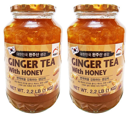 Haio Ginger Tea with Honey Refresh with Korean Herbal Tea Ginger Delight - Product of Korea 2 Glass Jars 2.2 Lb (1 Kg. ) Each - WORLD TIME VISITS