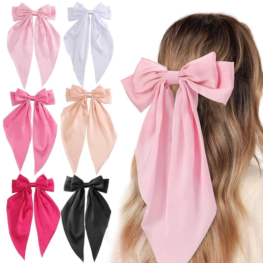 Hair Bows for Women, 6 PCS Silky Satin Hair Clips, Large Bow Hair Barrettes, Oversized Long Tail, Pink Color, Metal Bow Hair Clips, Aesthetic Hair Accessories - WORLD TIME VISITS