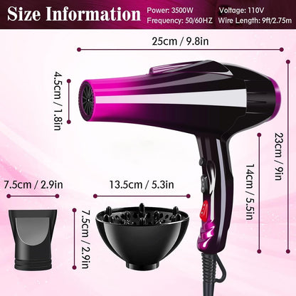 Hair Dryer 3500W Professional Blow Dryer Built - In Powerful AC Motor Diffuser Fast Drying Heat Hairdryer Powerful Home Salon Hair Dryers - WORLD TIME VISITS