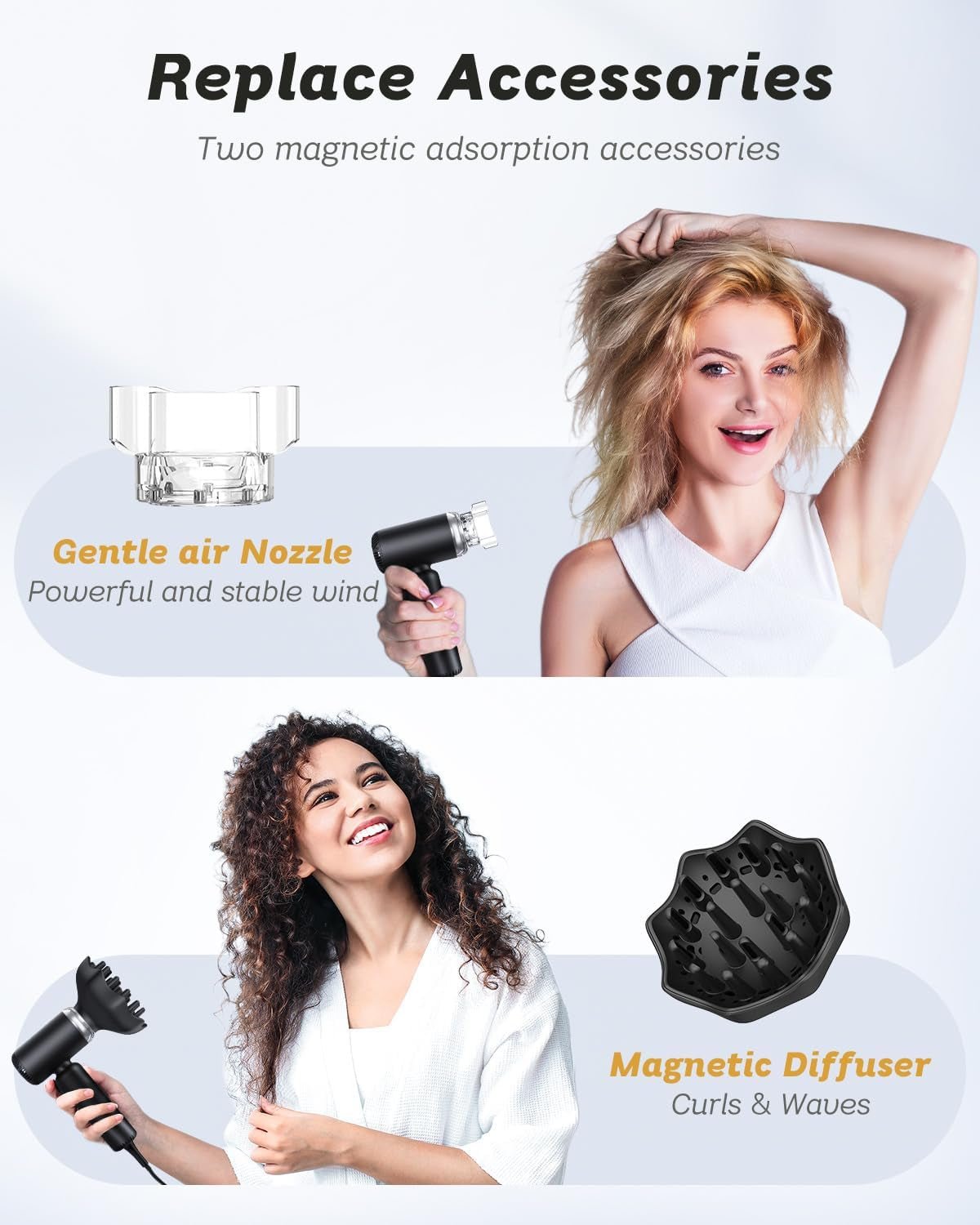 Hair Dryer - Mini Hairdryer, Ionic High-Speed Motor for Fast Drying, Portable Lightweight Blow Dryer, Quiet Professional Blowdryer with Magnetic Curly Diffuser & Concentrator for Home Travel