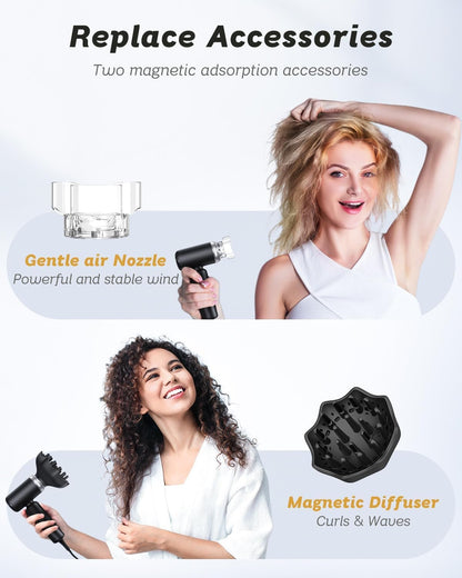 Hair Dryer - Mini Hairdryer, Ionic High-Speed Motor for Fast Drying, Portable Lightweight Blow Dryer, Quiet Professional Blowdryer with Magnetic Curly Diffuser & Concentrator for Home Travel
