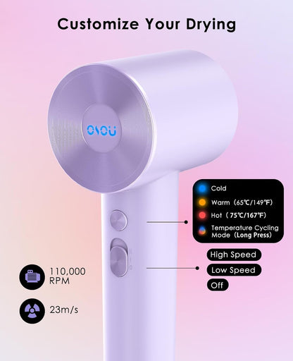 Hair Dryer, Negative Ionic Hair Dryer, High-Speed Blow Dryer with 110, 000 RPM Brushless Motor, Fast Drying Lightweight Travel Hairdryer, Low Noise Home Hair Dryer with Smooth Nozzle