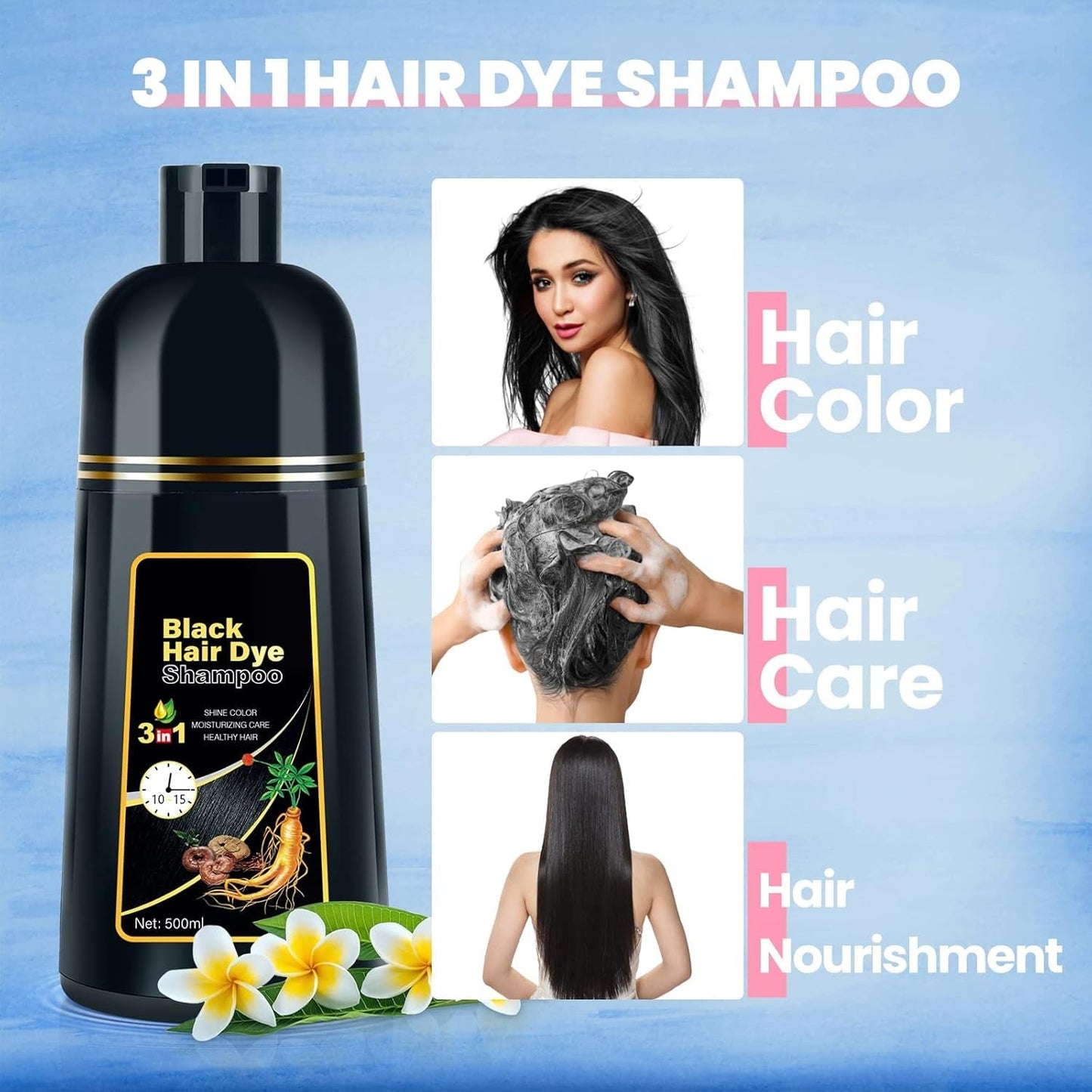 Hair Dye Shampoo for Gray Hair Coverage, 3 in 1 Natural Black Dye for Women Men, 500Ml
