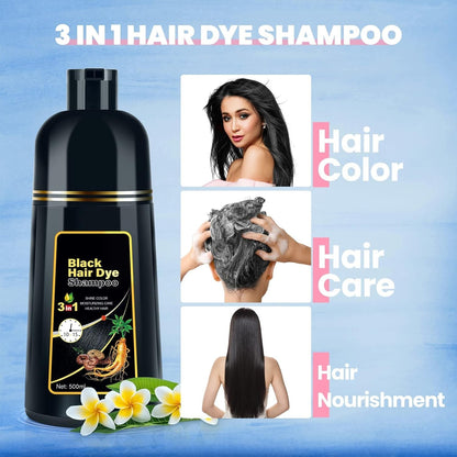 Hair Dye Shampoo for Gray Hair Coverage, 3 in 1 Natural Black Dye for Women Men, 500Ml