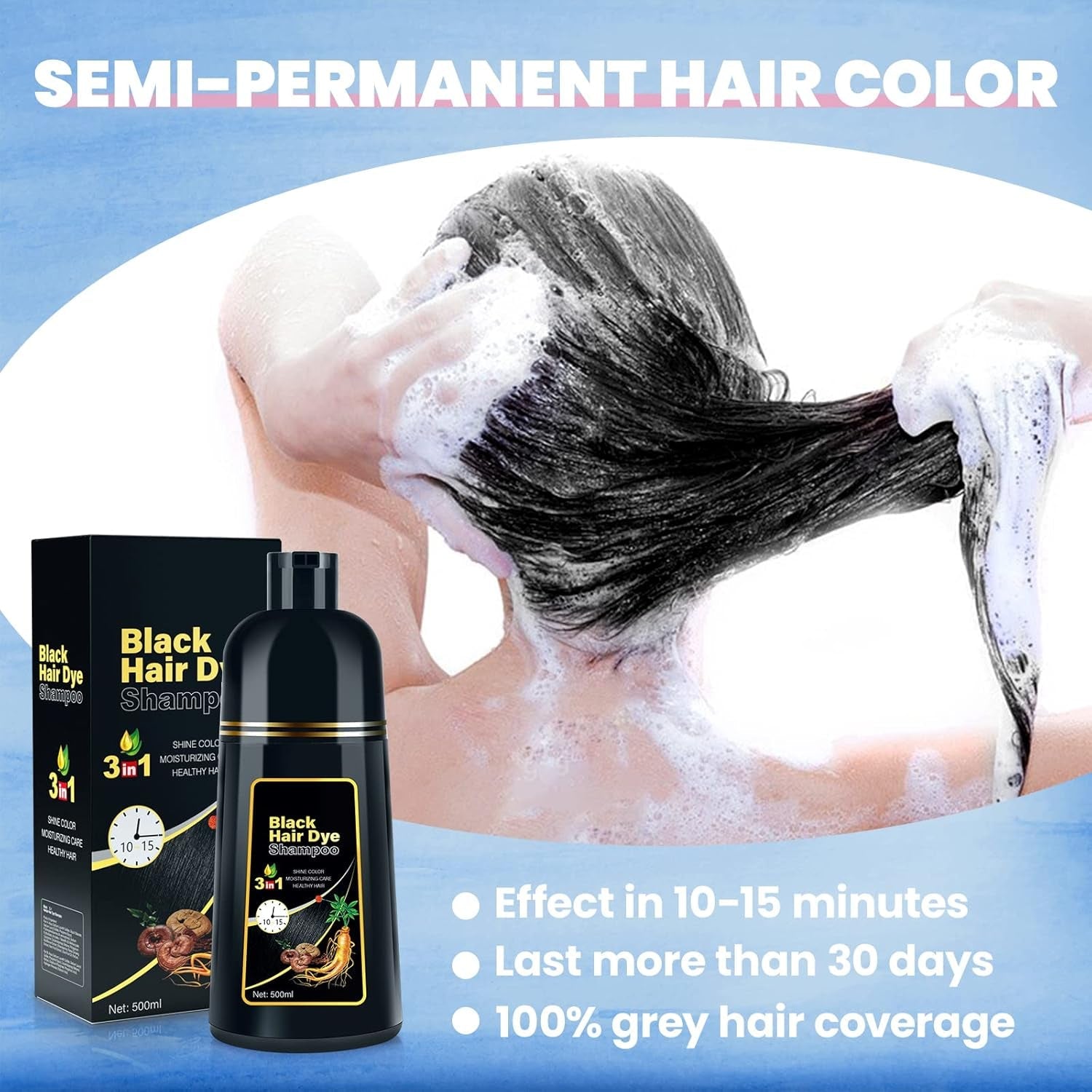 Hair Dye Shampoo for Gray Hair Coverage, 3 in 1 Natural Black Dye for Women Men, 500Ml - WORLD TIME VISITS