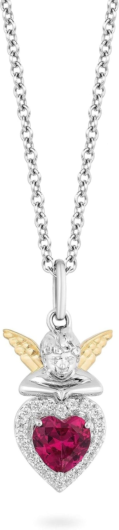 Hallmark Fine Jewelry Sterling Silver and 14K Yellow Gold Created Ruby with 1/10 Cttw Natural White round Diamonds Cherub with Heart Pendant Necklace, 18" Cable Chain - WORLD TIME VISITS