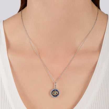 Hallmark Fine Jewelry Sterling Silver and 14K Yellow Gold with 1/6 Cttw Natural White round Diamonds with 13MM Lapis and 2MM Synthetic Turquoise Evil Eye Pendant Necklace, 18" Cable Chain