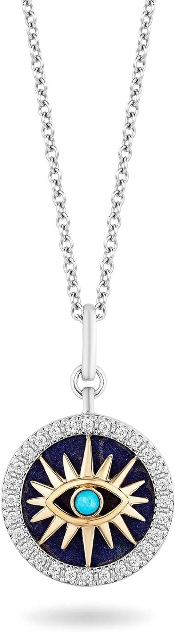 Hallmark Fine Jewelry Sterling Silver and 14K Yellow Gold with 1/6 Cttw Natural White round Diamonds with 13MM Lapis and 2MM Synthetic Turquoise Evil Eye Pendant Necklace, 18" Cable Chain - WORLD TIME VISITS