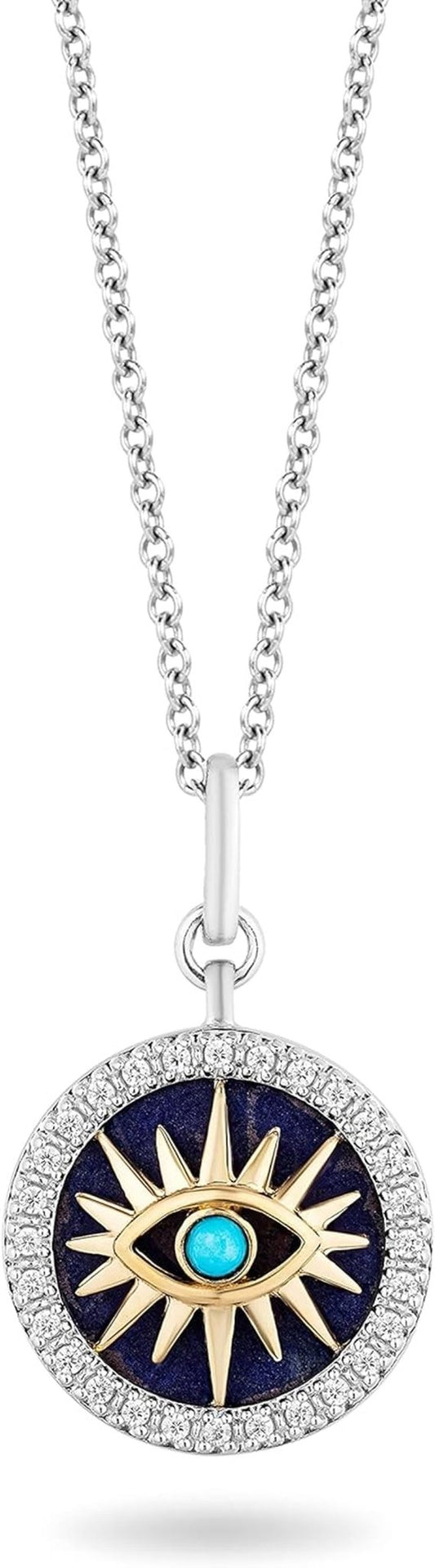 Hallmark Fine Jewelry Sterling Silver and 14K Yellow Gold with 1/6 Cttw Natural White round Diamonds with 13MM Lapis and 2MM Synthetic Turquoise Evil Eye Pendant Necklace, 18" Cable Chain - WORLD TIME VISITS