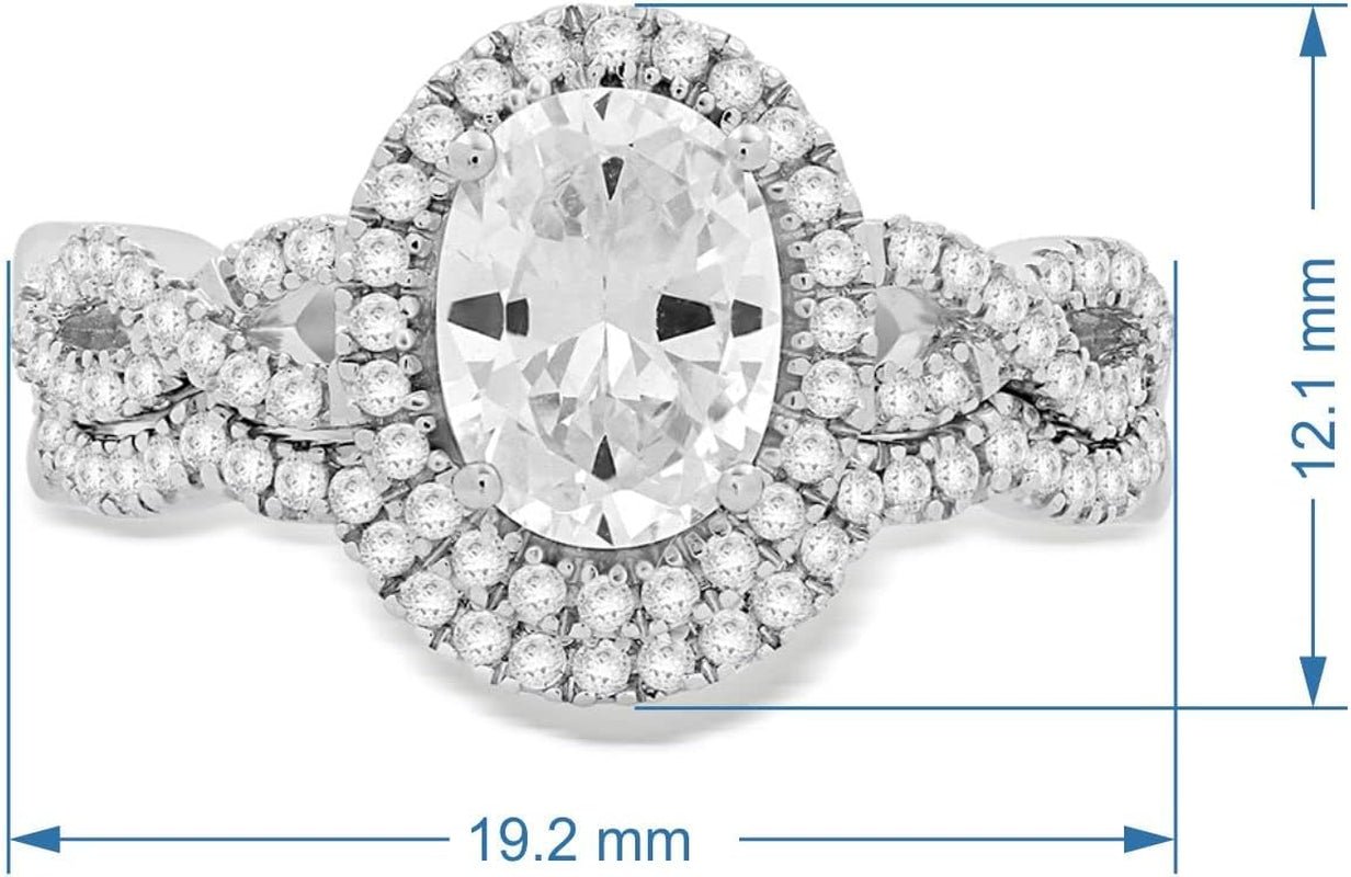 Halo Bridal Ring in Sterling Silver with Oval and round Shape Cubic Zirconia - WORLD TIME VISITS