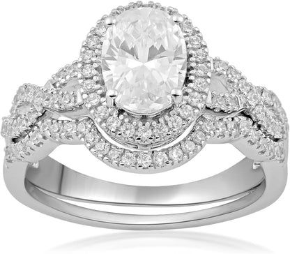 Halo Bridal Ring in Sterling Silver with Oval and round Shape Cubic Zirconia - WORLD TIME VISITS