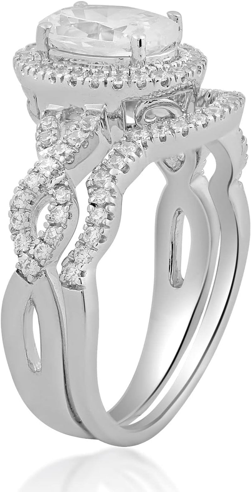 Halo Bridal Ring in Sterling Silver with Oval and round Shape Cubic Zirconia