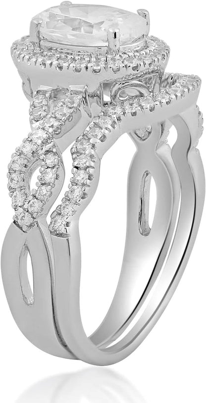 Halo Bridal Ring in Sterling Silver with Oval and round Shape Cubic Zirconia
