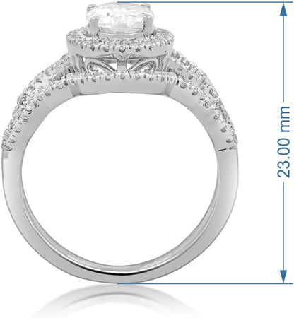 Halo Bridal Ring in Sterling Silver with Oval and round Shape Cubic Zirconia