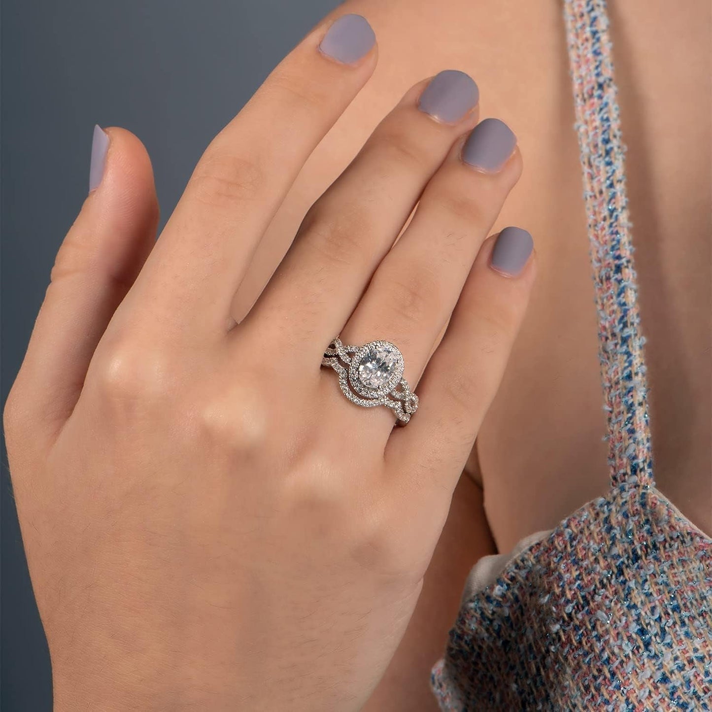 Halo Bridal Ring in Sterling Silver with Oval and round Shape Cubic Zirconia
