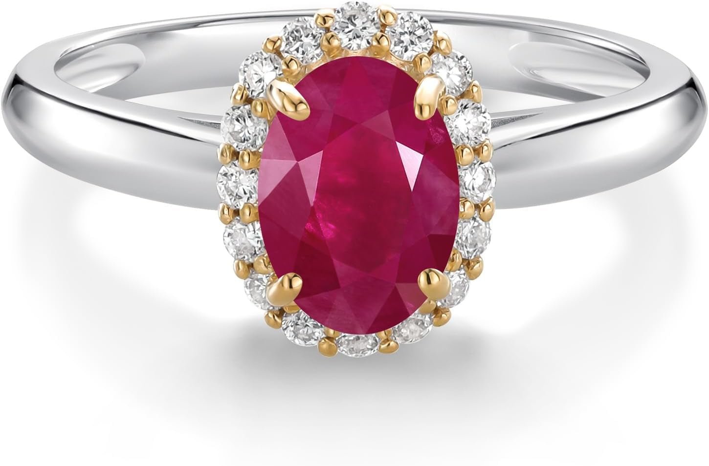 Halo Engagement Ring for Women in 10K White and Yellow Gold with 7X5MM Oval Gemstone Birthstone and White Lab Grown Diamond | Available in Size 5, 6, 7, 8, 9 - WORLD TIME VISITS