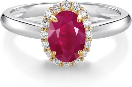 Halo Engagement Ring for Women in 10K White and Yellow Gold with 7X5MM Oval Gemstone Birthstone and White Lab Grown Diamond | Available in Size 5, 6, 7, 8, 9 - WORLD TIME VISITS