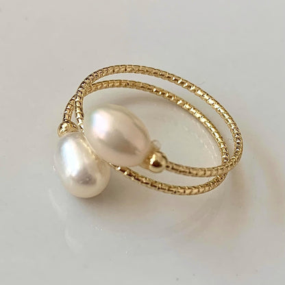 Handcrafted Natural Freshwater Baroque Pearl Ring,Winding Design,Opening Adjustable,14K Gold Plated Material,Helix - WORLD TIME VISITS