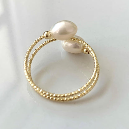 Handcrafted Natural Freshwater Baroque Pearl Ring,Winding Design,Opening Adjustable,14K Gold Plated Material,Helix