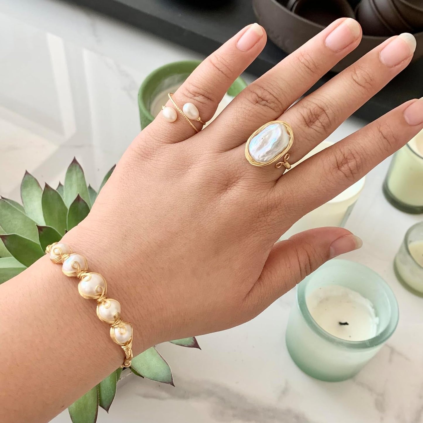 Handcrafted Natural Freshwater Baroque Pearl Ring,Winding Design,Opening Adjustable,14K Gold Plated Material,Helix