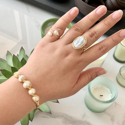 Handcrafted Natural Freshwater Baroque Pearl Ring,Winding Design,Opening Adjustable,14K Gold Plated Material,Helix