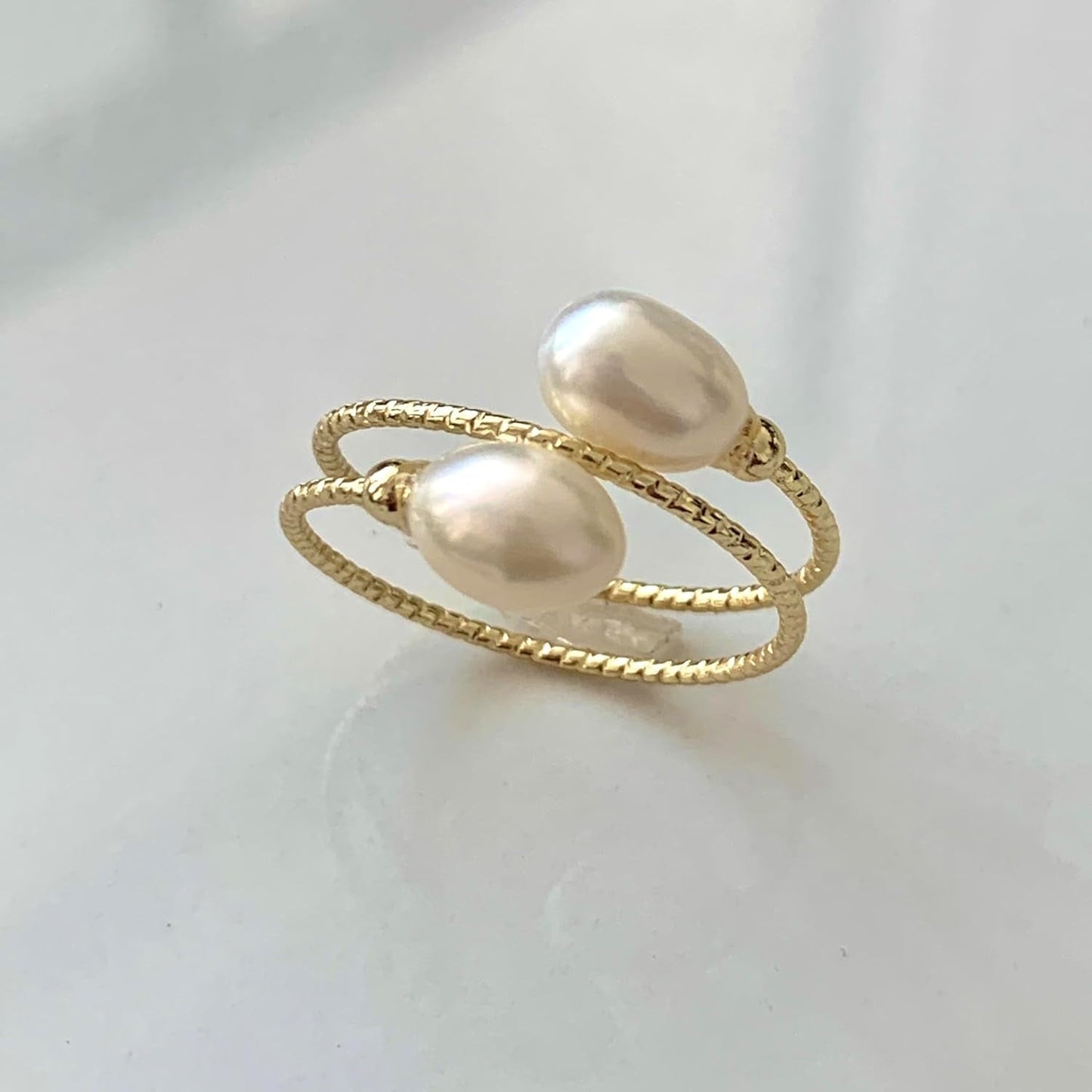 Handcrafted Natural Freshwater Baroque Pearl Ring,Winding Design,Opening Adjustable,14K Gold Plated Material,Helix