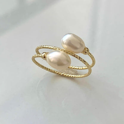 Handcrafted Natural Freshwater Baroque Pearl Ring,Winding Design,Opening Adjustable,14K Gold Plated Material,Helix